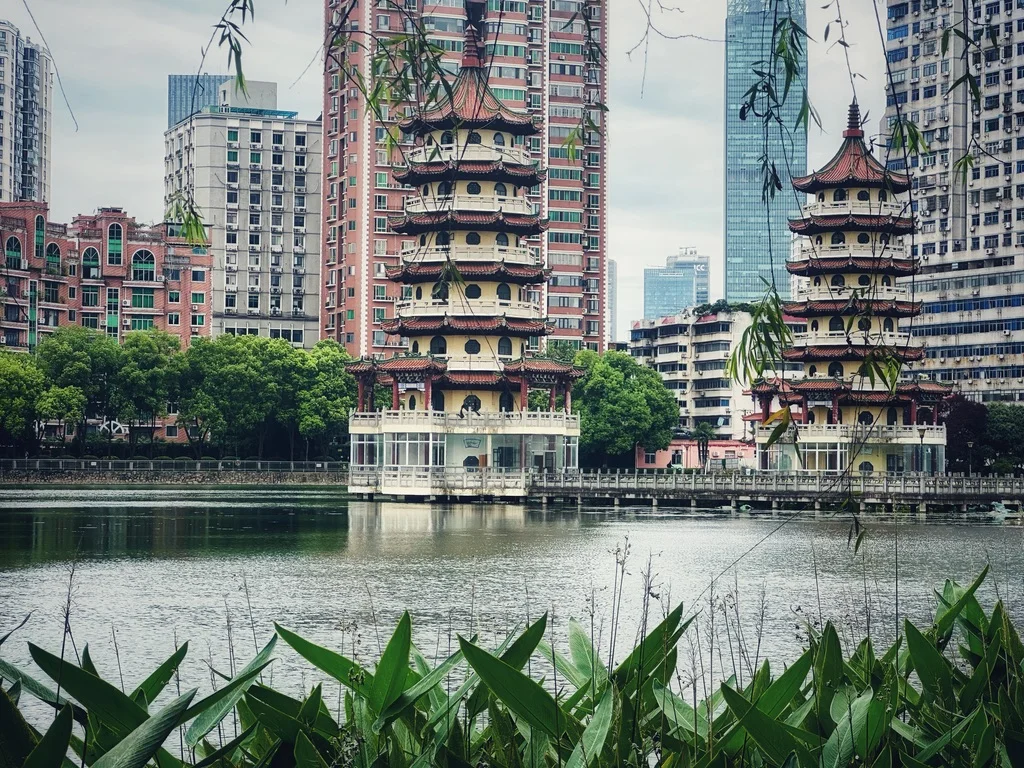 两座红檐仿古宝塔并排立于湖畔，前景有绿色水草和垂柳枝叶，背景是高楼与红砖住宅楼。